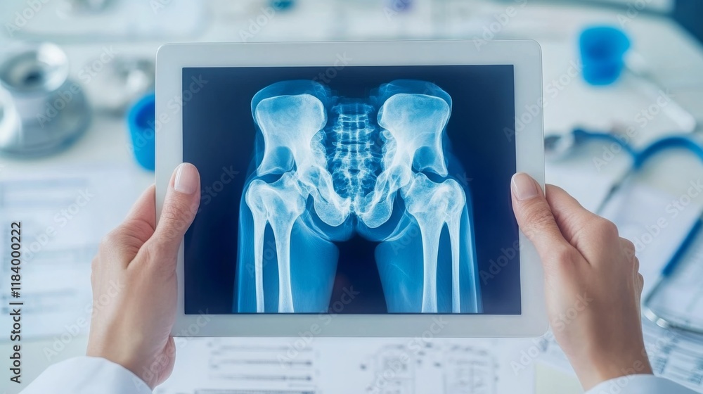 Aufkleber A doctor examines an x-ray of the hip joint displayed on a tablet. The setting reflects a modern medical office with various medical instruments and documents visible in the background.