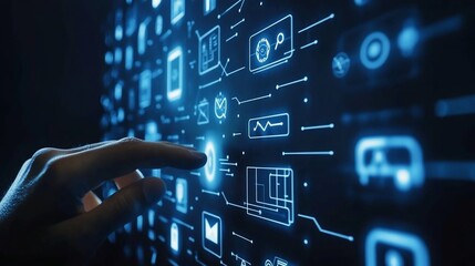 A hand interacting with a digital interface displaying various technology icons.