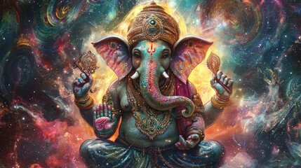 Artistic depiction of Lord Ganesha seated in a cosmic nebula, surrounded by vibrant galactic colors and divine energy. Generative by AI.