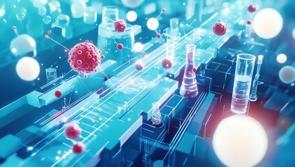 Lab research virus particles flow through futuristic lab,  scientific discovery