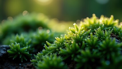 Closeup of Green Moss Illuminated by Sunlight in a Natural Forest Setting

