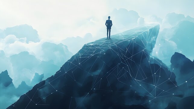 A confident business leader standing on a high platform, overlooking a complex network of paths and challenges, symbolizing calculated risk-taking and visionary leadership 