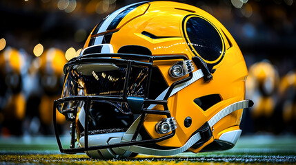 Fototapeta premium Close-up of a Yellow and Black Football Helmet on the Field