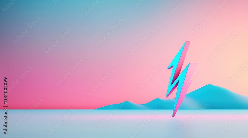 Poster a stylized cartoon lightning bolt with sharp angles and a gradient of colors, from deep blue to elec