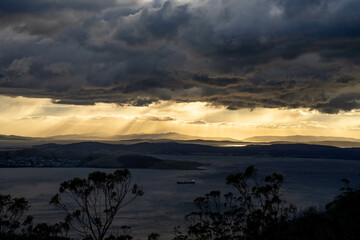 dawn golden sunrise over hobart over the ocean