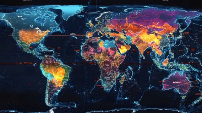 A digital map on a screen showing global telecommunication coverage, with highlighted areas indicating strong signal strength and coverage zones across various continents 