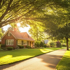 Charming Suburban House with Sunlit Lawn in Summer