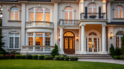 Obraz premium Exterior View of a Large Beige Mansion at Dusk