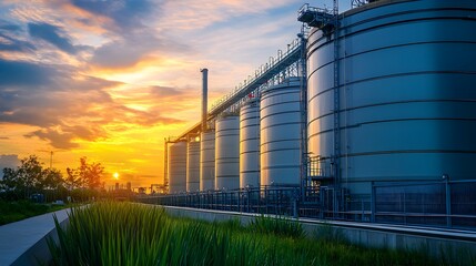 A modern carbon capture facility with large storage tanks and filtration systems, illustrating the process of capturing carbon emissions as part of offset programs to support global carbon neutrality 