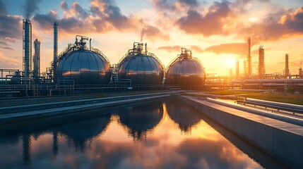 Fototapeta premium A modern carbon capture facility with large storage tanks and filtration systems, illustrating the process of capturing carbon emissions as part of offset programs to support global carbon neutrality 