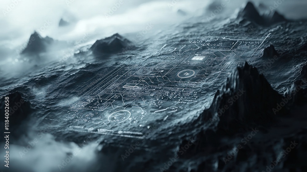 Poster digital mountainscape: futuristic circuitry embedded in a rugged terrain