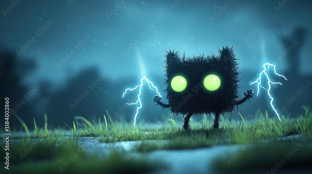 Poster a mischievous cartoon imp with glowing green eyes, conjuring bolts of lightning from its tiny hands,