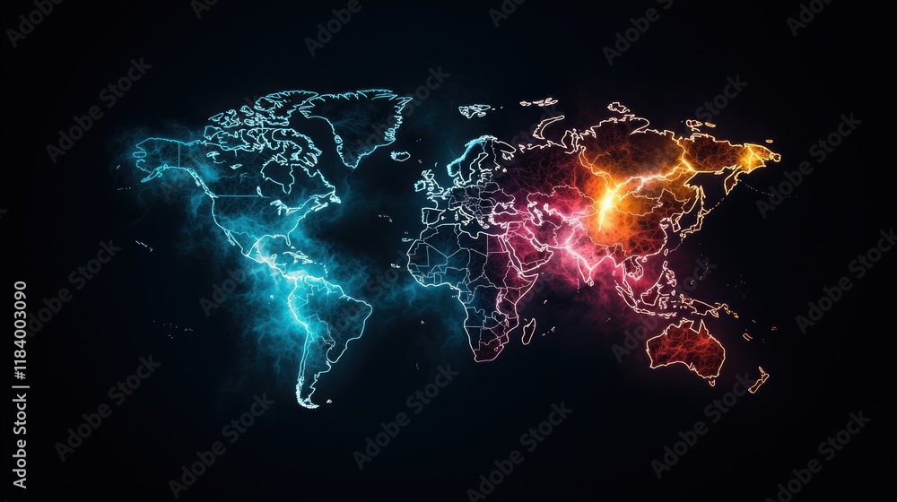 Poster a cartoon map showing the areas of the world where lightning is most common, with different colors r