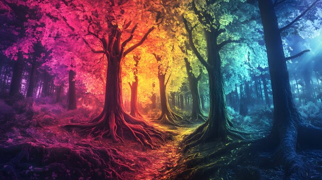 A surreal forest scene with vibrant neon trees glowing in various shades, their rainbow-colored roots intertwined with the ground, creating a magical fusion of nature and fantasy 