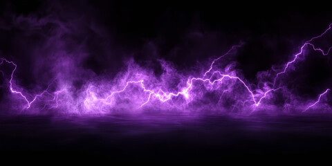 The image depicts a mesmerizing scene of purple lightning striking across a dark background, creating a dramatic and mystical atmosphere