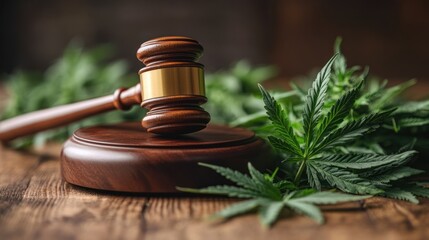 Legal debate over cannabis, gavel resting on wooden table amidst fresh marijuana leaves