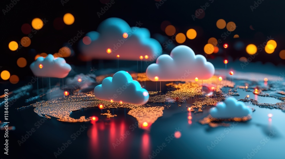 Poster a global map with cloud icons strategically placed around the world, illustrating the distributed na