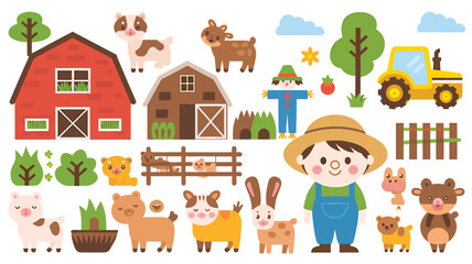 Fototapeta premium A flat illustration of a farm setting with cute animals, a farmer character, barn houses, a yellow tractor, and a scarecrow 