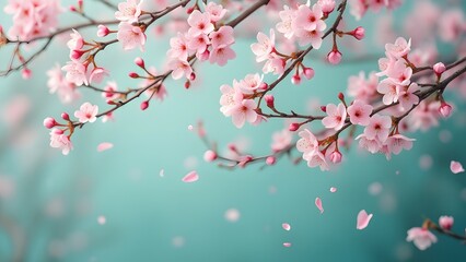 Obraz premium Vibrant Teal Spring Blossoms, Romantic Cherry Blossom Branches in Full Bloom