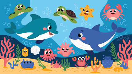 Set of Ocean life with funny characters of turtle, octopus, starfish, crab and squid, Happy dolphin and whale under ocean water, flat illustration, digital art