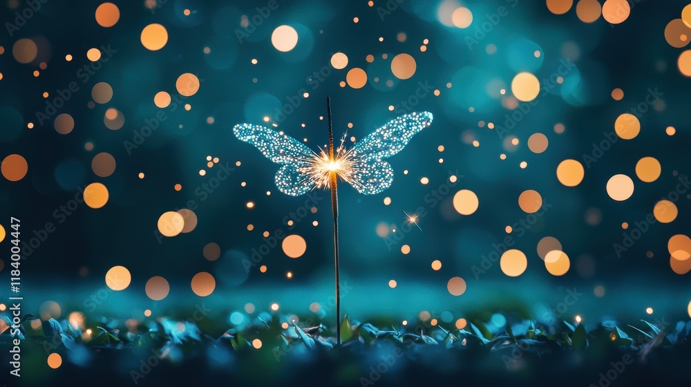 Poster close up of a sparkler burning down, with a shower of sparks creating a mesmerizing bokeh effect aga