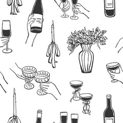 Hand drawn hands holding drink glasses and bottle seamless pattern. Festive design for holidays, romantic Valentine's Day design, wrapping paper, gift paper, textile