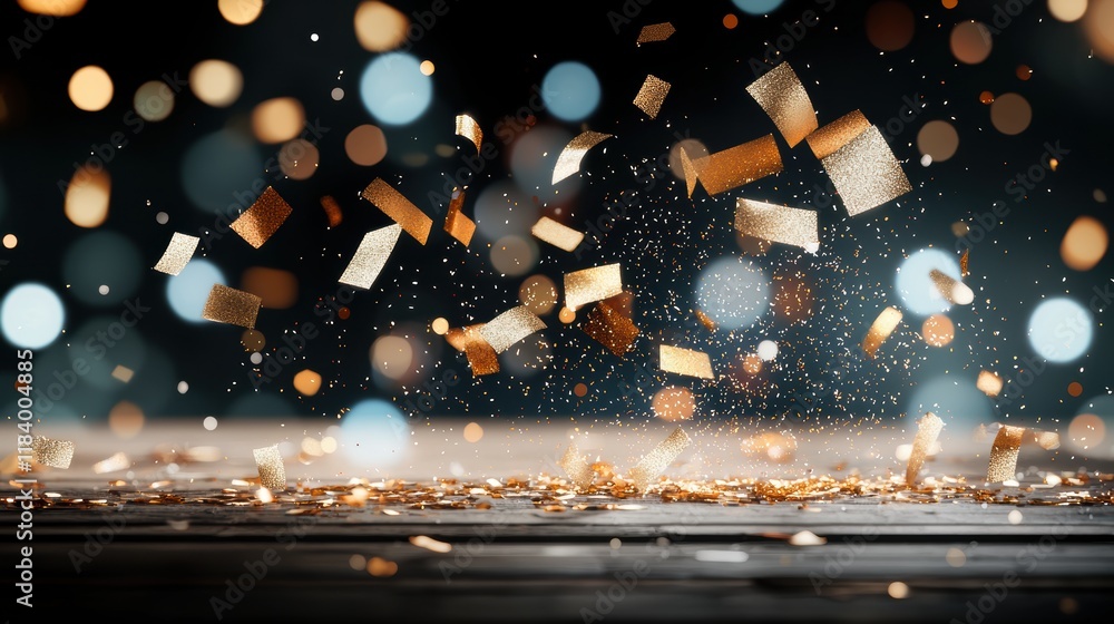 Poster close up shot of confetti falling against a dark background, with a bokeh effect from party lights c
