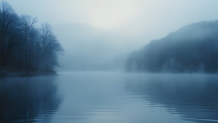 Fototapeta premium Serene Misty Morning Lake Scene, Navy Blue Water, Foggy Trees, Calm Reflections
