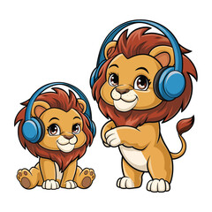 Fototapeta premium A hand-drawn, adorable cartoon of a lion with blue headphones,vector illustration 