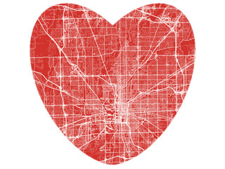 Heart-Shaped Map of Indianapolis Indiana, USA in Bold Red and White Design.