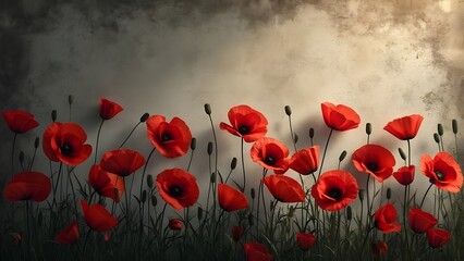 Remembrance Day Poppies, Dramatic Red Flowers Swaying in a Solemn Breeze Against Weathered Stone and Brick, with Subtle Vintage WWI Soldier Photographs Integrated. Melancholy Remembrance Day Artwork