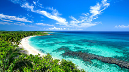 Obraz premium Stunning Tropical Beach Landscape: Azure Waters, White Sand, and Lush Greenery