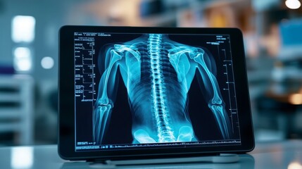 A digital tablet shows an x-ray of a human spine and shoulder area, revealing detailed skeletal structure. The setting is a medical facility with blurred equipment in the background.