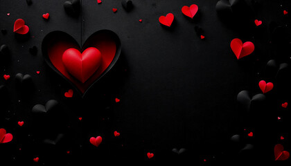Romantic Black and Red Paper Hearts on Dark Background