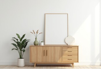 Cozy living room with large empty wooden photo frames hanging over a sideboard, candle, flowers, neutral interior, light-filled, friendly atmosphere, 4k hyper-realistic