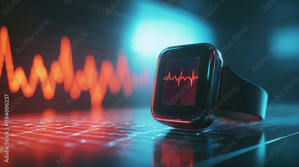 Poster futuristic smartwatch displaying heart rate data on a neon background