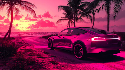 Pink Electric Car on Tropical Beach at Sunset: A Vibrant Summer Escape