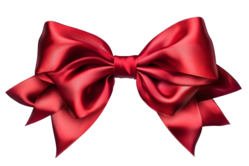 Red gift ribbon bow of silk or satin used on a Christmas or birthday present, png file cut out and isolated on a transparent background, festive stock illustration image
