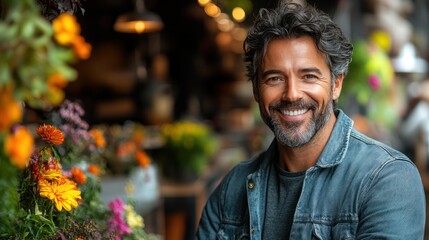Fototapeta premium Smiling man flower shop portrait, floral background