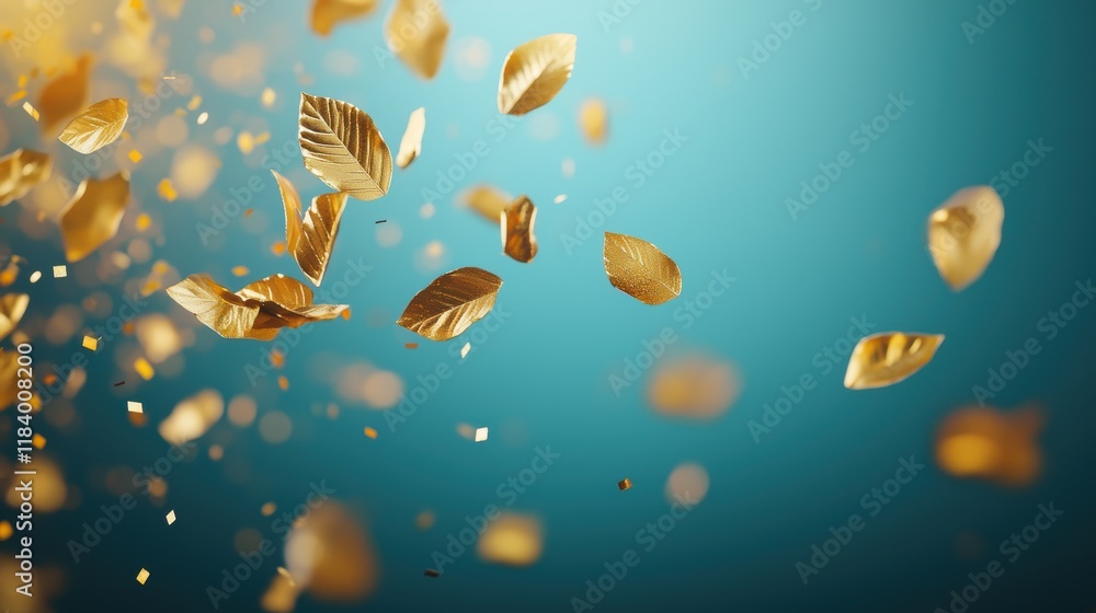 Poster a slow motion capture of golden confetti falling through the air, creating a sense of elegance and c