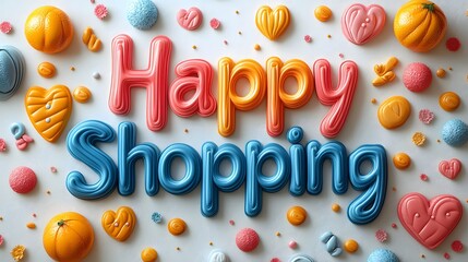Playful 3D Text Happy Shopping with Vibrant and Creative Design