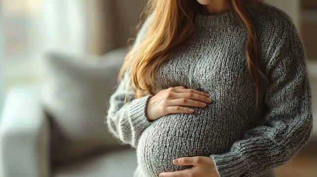 Expecting Mother's Gentle Embrace: A pregnant woman gently cradles her baby bump, radiating warmth and serenity in a soft, intimate portrait.  