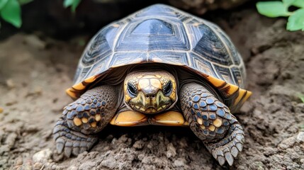 Obraz premium A close-up of a tortoise on earthy ground, showcasing its intricate shell patterns and textures, This image is ideal for use in educational materials, wildlife publications, or nature-themed projects