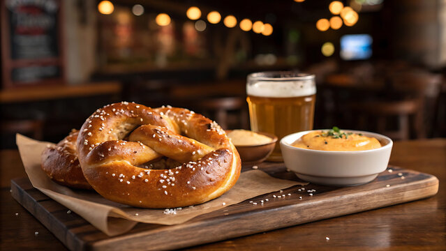 Cozy pretzel sunday celebration with beer and cheese dip in a rustic setting.