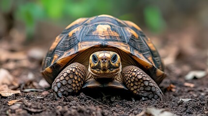 Obraz premium A close-up of a tortoise on the forest floor, showcasing its intricate shell design and textures, This image is ideal for nature blogs, educational materials, or wildlife conservation campaigns,