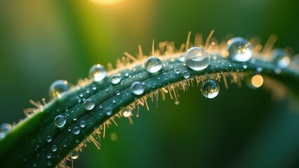 Close-Up of Dew Drops on a Hairy Plant Stem at Sunrise

