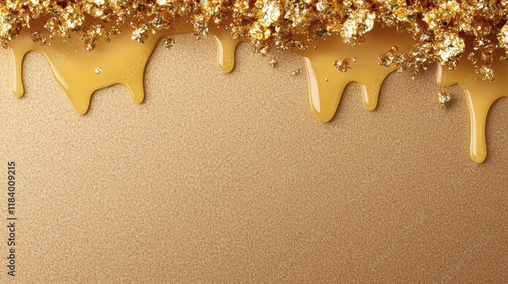 Sticker liquid gold dripping from a textured surface, creating a sense of luxury and indulgence.