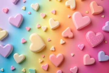 Fototapeta premium Pastel Heart Shaped Candies on Rainbow Background Valentine s Day Sweets