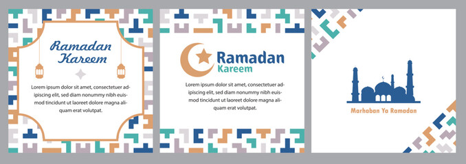 Ramadan Kareem social media post template set with Arabic Contemporary design. Islamic culture. greeting card with text spaces. 
