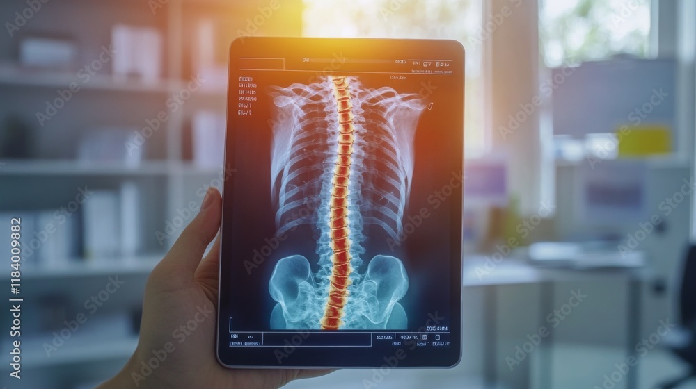 Poster a hand holds a tablet displaying a detailed x-ray of the human spine in a medical setting.